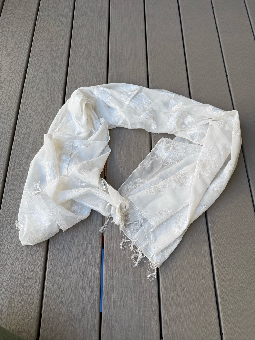 Caribbean White Sheer Sun Print Scarf 100% Terivoile Fringed Lightweight Wrap